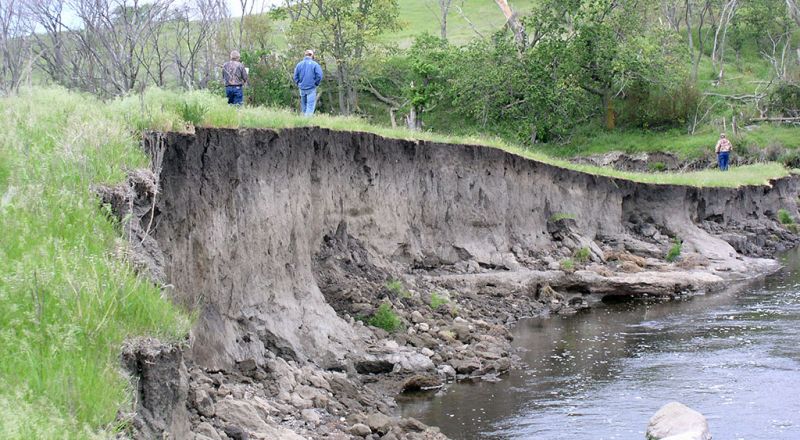 Streambank and shoreline erosion results from poor land storm events, wave action, rain, ice, wind, runoff, loss of vegetation, management practices, hydrologic dynamics, stream isolation from floodplains, and/or other disturbed/altered geomorphological processes. Streambank erosion repair begun.